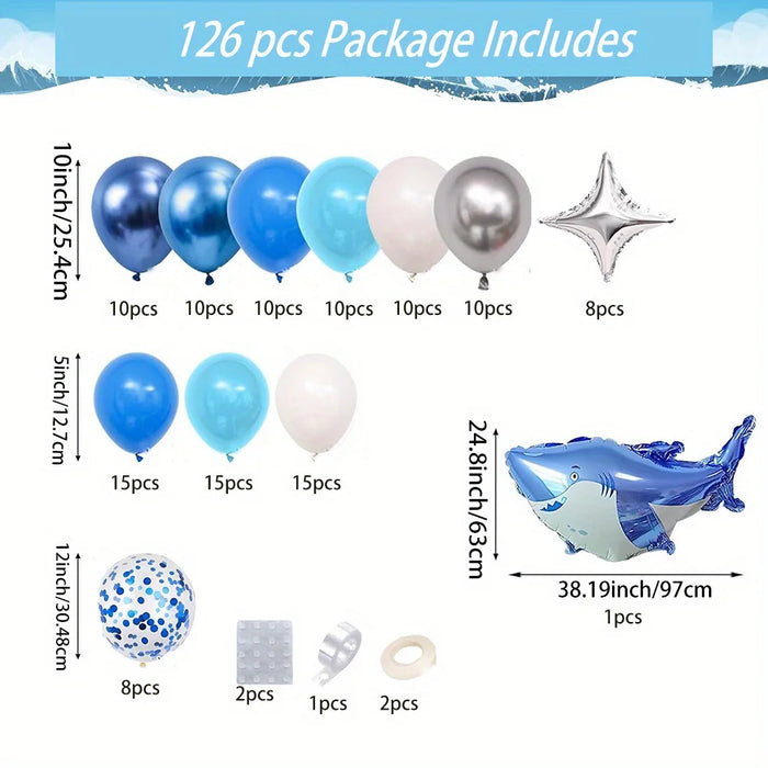 126Pcs Ocean Themed Shark Balloon Garland Arch Set - Birthday Party Blue And White Round Balloon Indoor And Outdoor Decoration