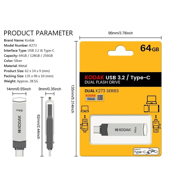 Kodak 32gb / 64gb / 128gb Dual Use USB Flash Drive Type C 3.1 Rotating Design