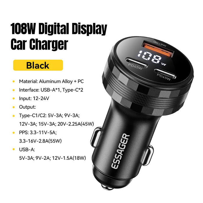 108W 3Ports Usb Car Charger Digital Dispaly Pd3.0 Fast Charging Quick Charge 3.0 Adapter For Iphone 16 15 Xiaomi Samsung
