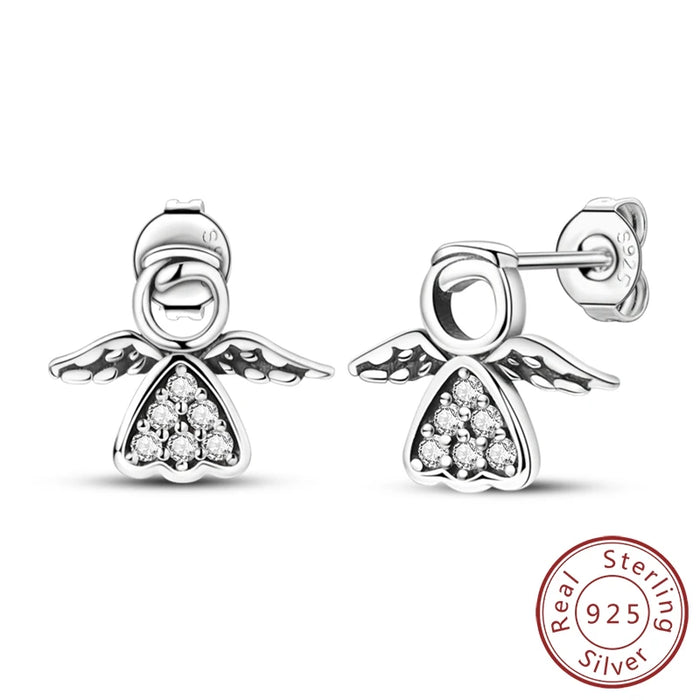 925 Sterling Silver Sparkling Angel Earrings Studs For Women