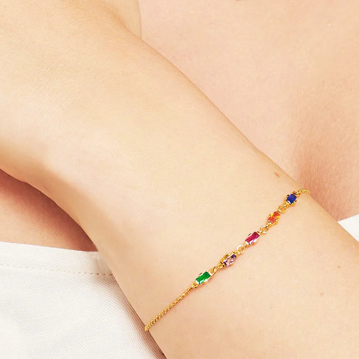 925 Sterling Silver Rainbow Stone Golden Bracelet Boho Jewelry For Women