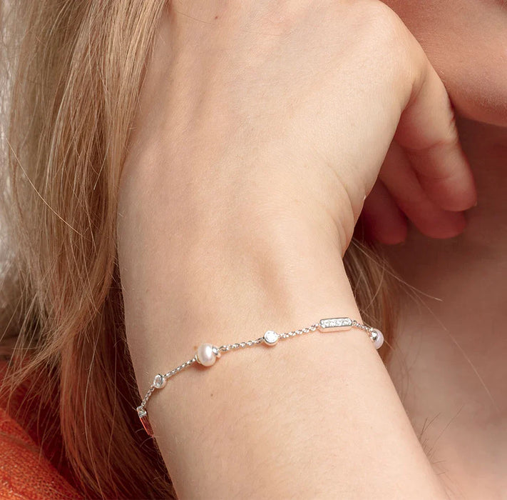 925 Sterling Silver Freshwater Pearl & White Stone Bracelet Fine Jewelry For Women