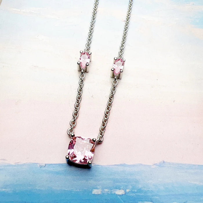 925 Sterling Silver Romantic Gift Pink Stone Necklace & Earring Set