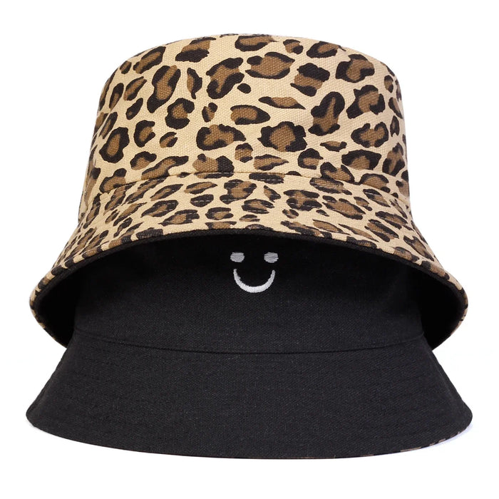 Smiling Leopard Print Double Sided Bucket Hat Unisex Sunscreen Cap
