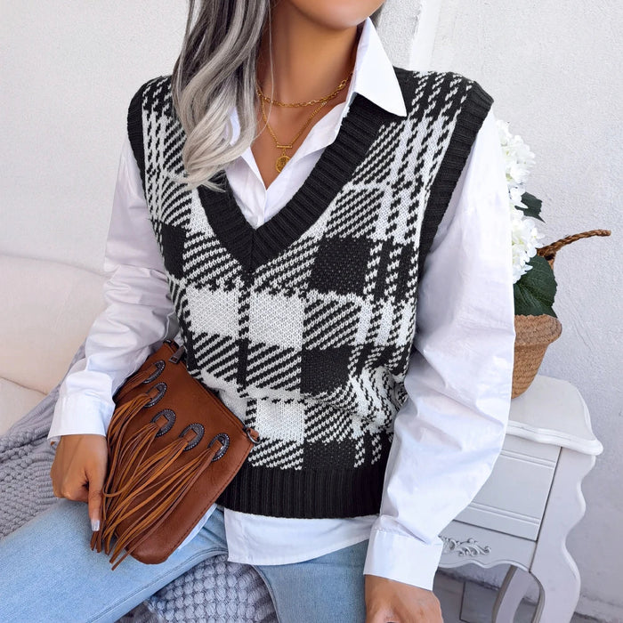 Plaid Sleeveless Sweater Vest For Women