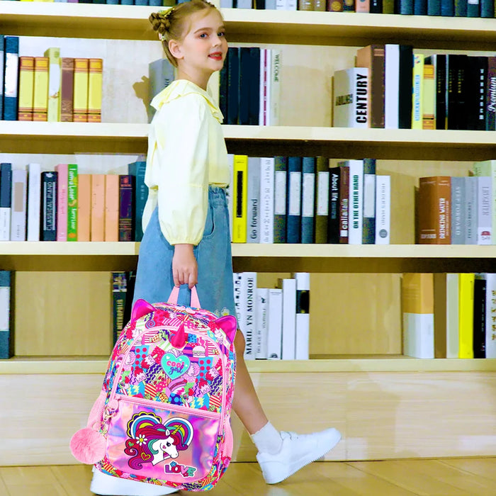 3 Piece Unicorn Backpack Set For Girls 16.5 Inch Rainbow Bookbag Lunch Box Waterproof Lightweight