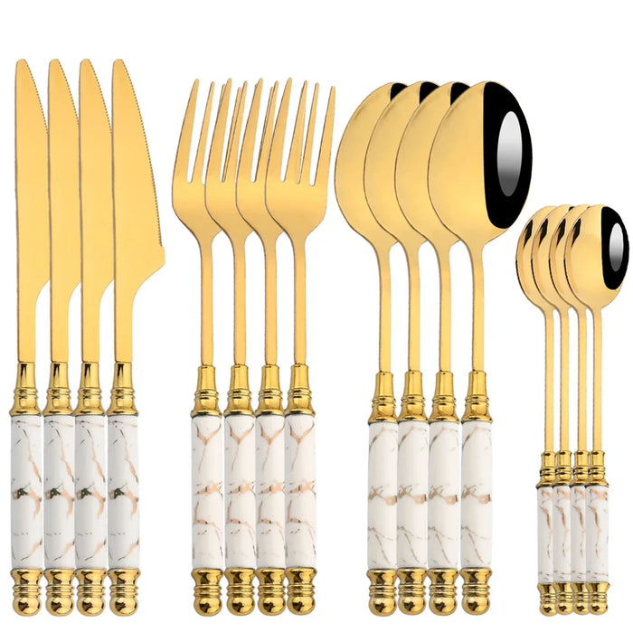 16 Piece Stainless Steel Cutlery Set With Ceramic Handle And Gold Finish