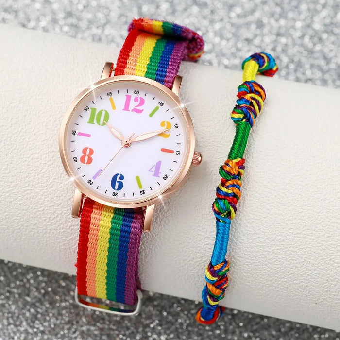 Colourful Rainbow Canvas Strap Mens Watch Set
