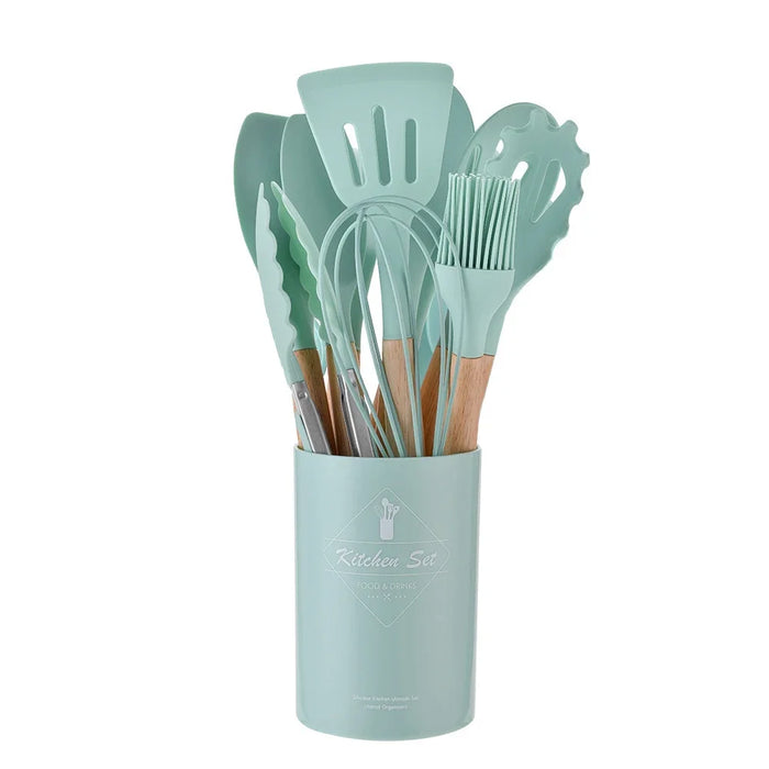 12 Piece Non Stick Silicone Kitchen Utensil Set With Wooden Handles