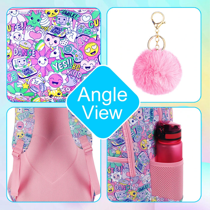 3 Piece Girls Backpack Set With Lunch Box 16.5 Inch Smile Face Waterproof