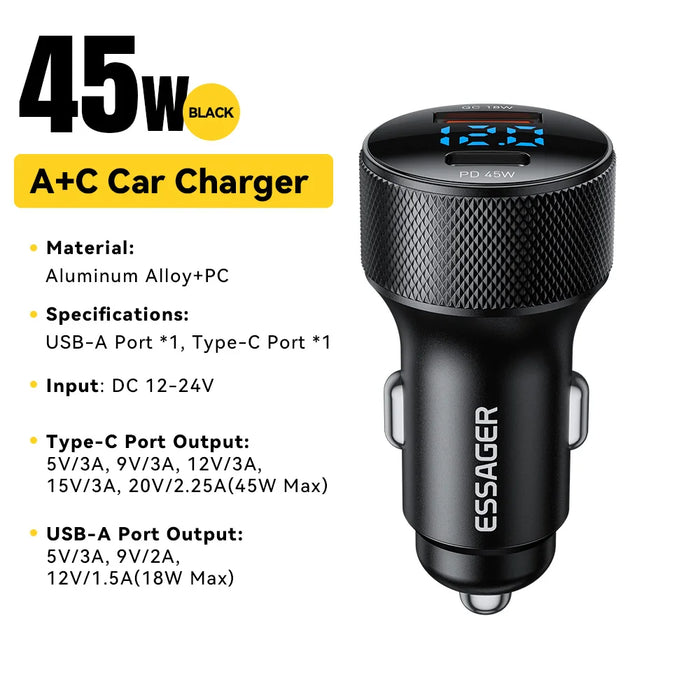 Usb C Car Charger 45W 2 Ports Pd3.0 Qc3.0 Digital Display Car Phone Charger For Iphone 16 15 Xiaomi Huawei Samsung Oppo