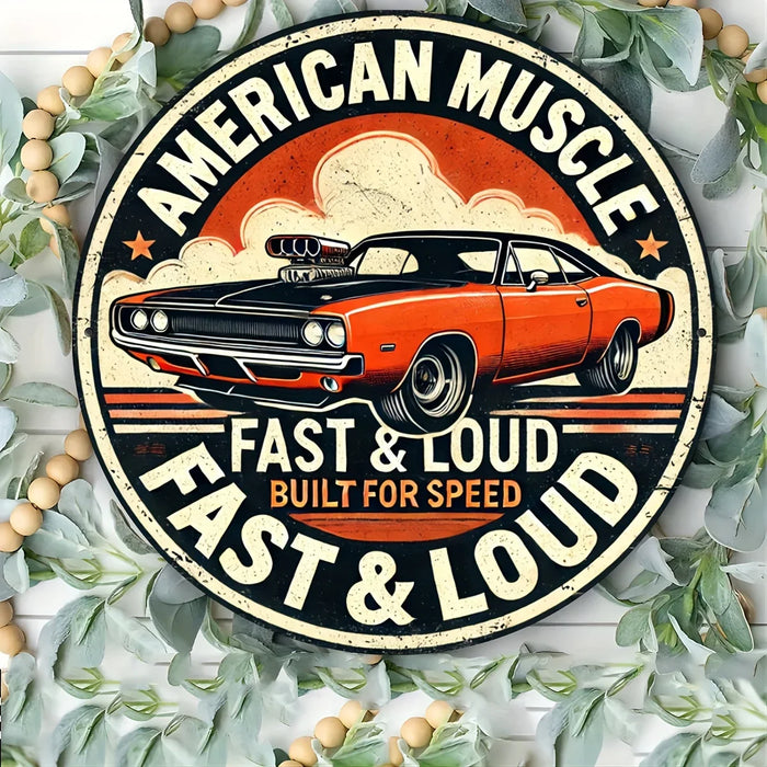 Vintage Race Car Metal Sign 8X8 Inch Inch Round Wall Art