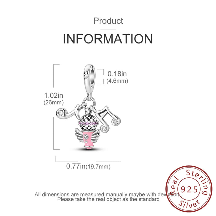 925 Sterling Silver Music Note Microphone Charm Fits Bracelet Diy Gift For Women