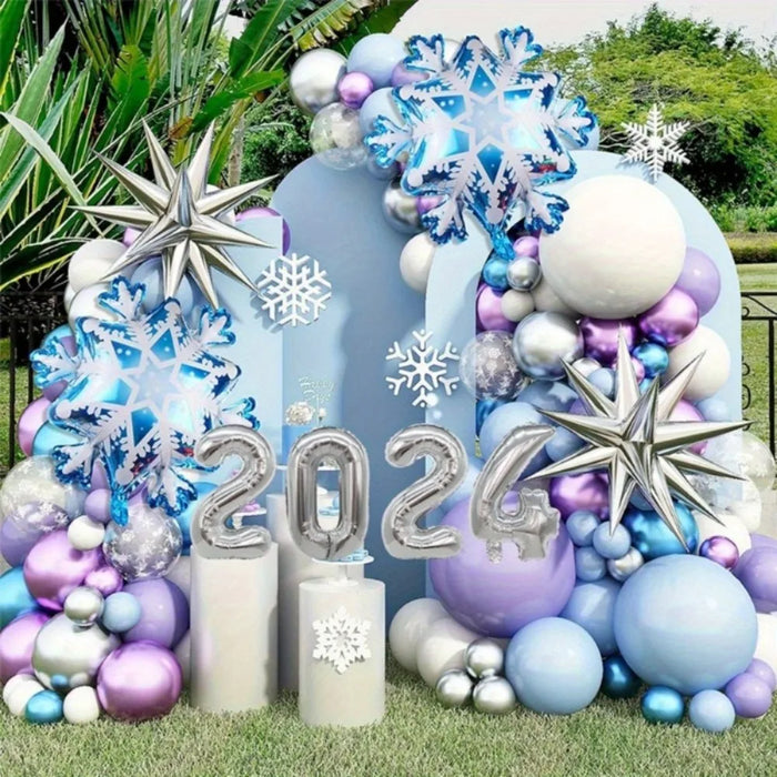 142Pcs New Year 2024 Ice And Snow Balloon Arch Garland Set Winter Frozen Purple Latex Balloon Birthday Party Balloon Decoration