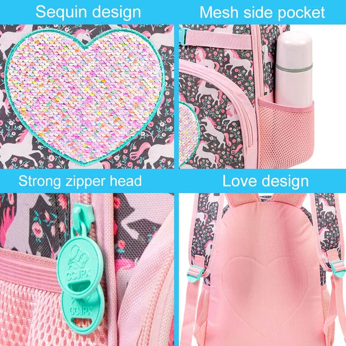 3 Piece Unicorn Backpack Set For Girls 16 Bookbag Lunch Box Sequin Design