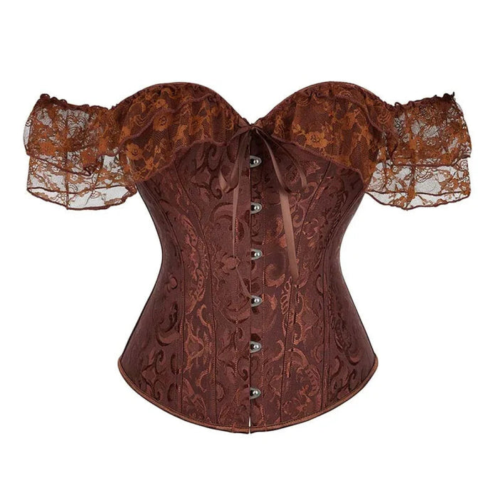 Brown Steampunk Corset With Front Busk Closure Floral Lace And Puff Sleeves