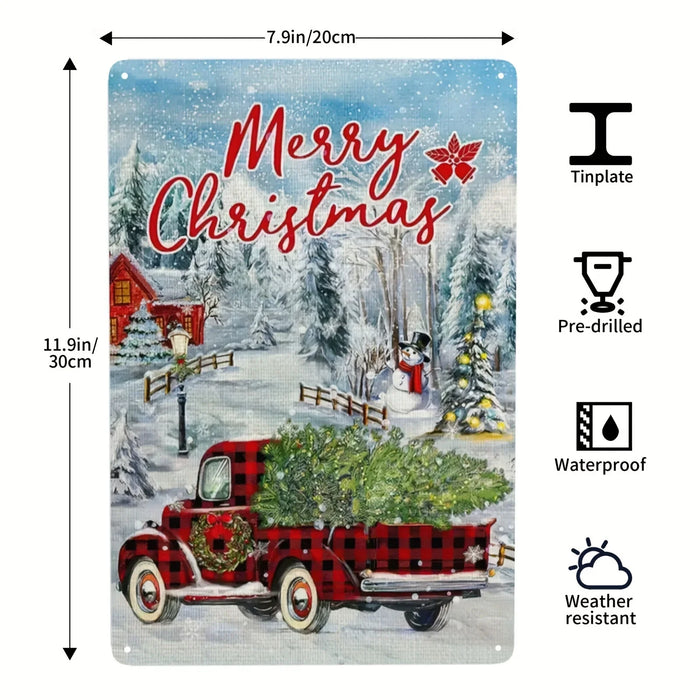 Metal Tin Sign Merry Christmas Red Truck Holiday Decor