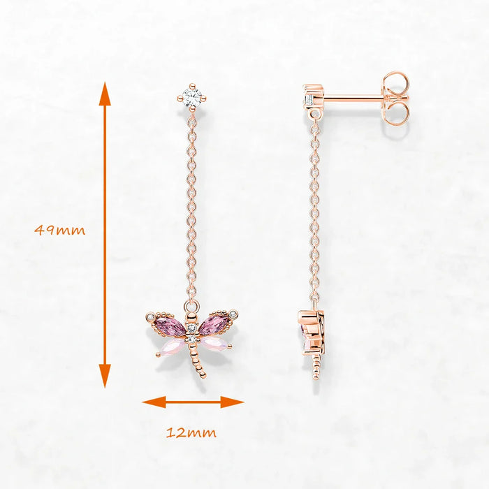 925 Sterling Silver Rose Gold Dragonfly Drop Earrings With Stones