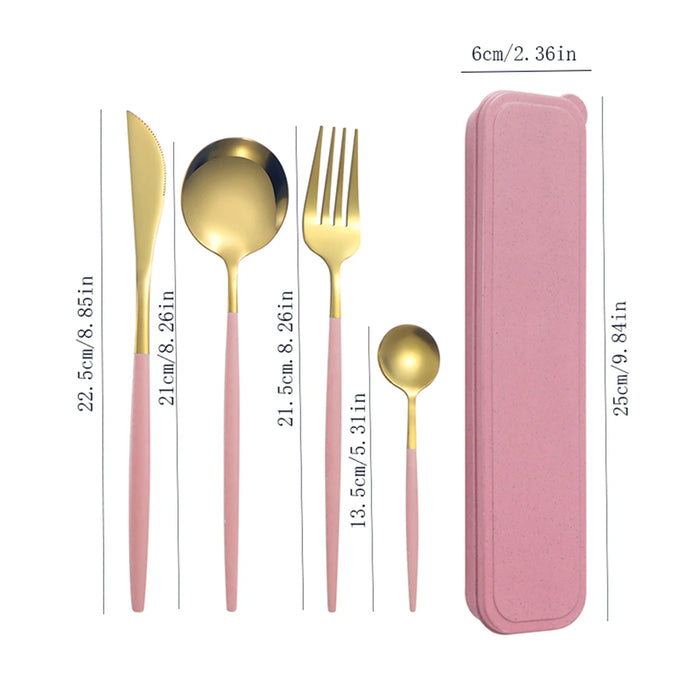 4 Piece Portable Tableware Set Steak Knife Dessert Fork Spoon Dragon Design