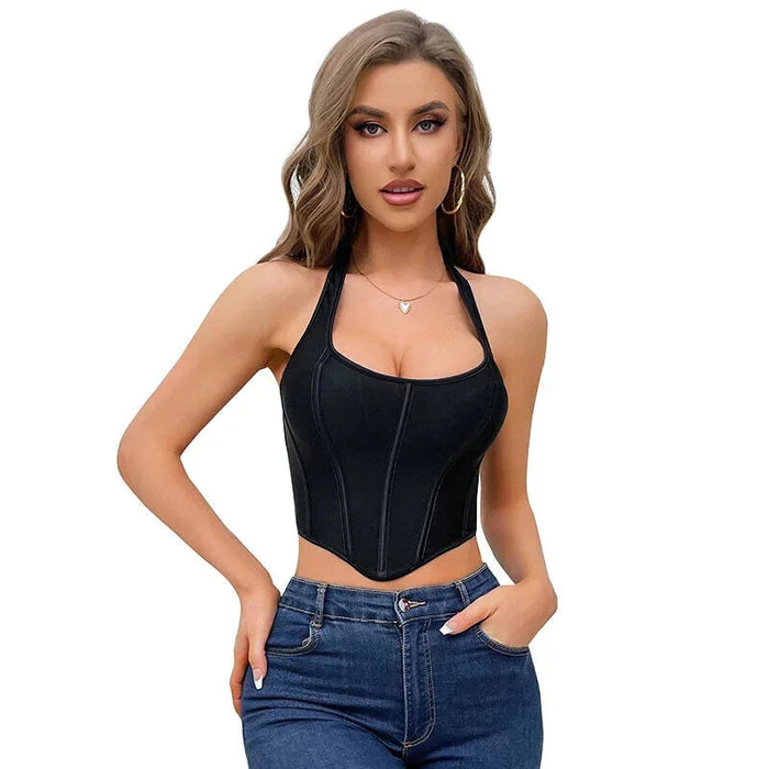 Translucent Lace Bustier With Glue Bones & Asymmetrical Hem Plus Size Halterneck Crop Top