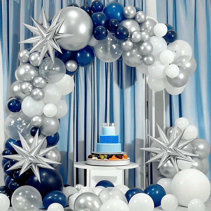 114Pcs Birthday Balloon Arch Set Ink-Blue 18-Inch Silver Exploding Star Birthday Party Outdoor Party Universal Decoration House