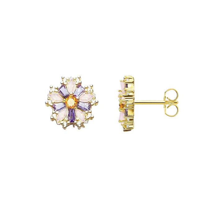 925 Sterling Silver Floral Stud Earrings With Colourful Stones