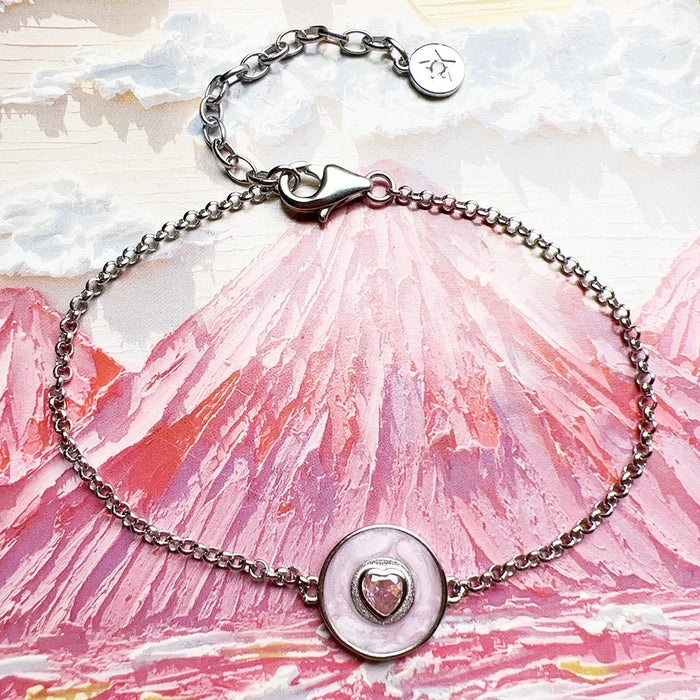 925 Sterling Silver Romantic Gift Pink Disc Heart Bracelet Zircon Jewelry For Women