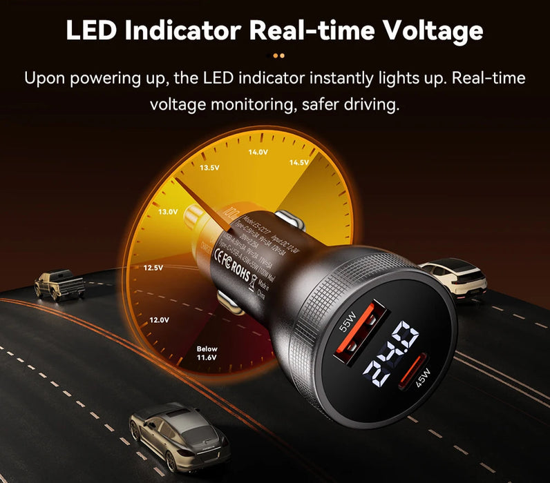 100W Usb C Car Charger Pd3.0 Fast Charging Quick Charge 4.0 Adapter For Iphone 16 Macbook Xiaomi Laptop Digital Dispaly