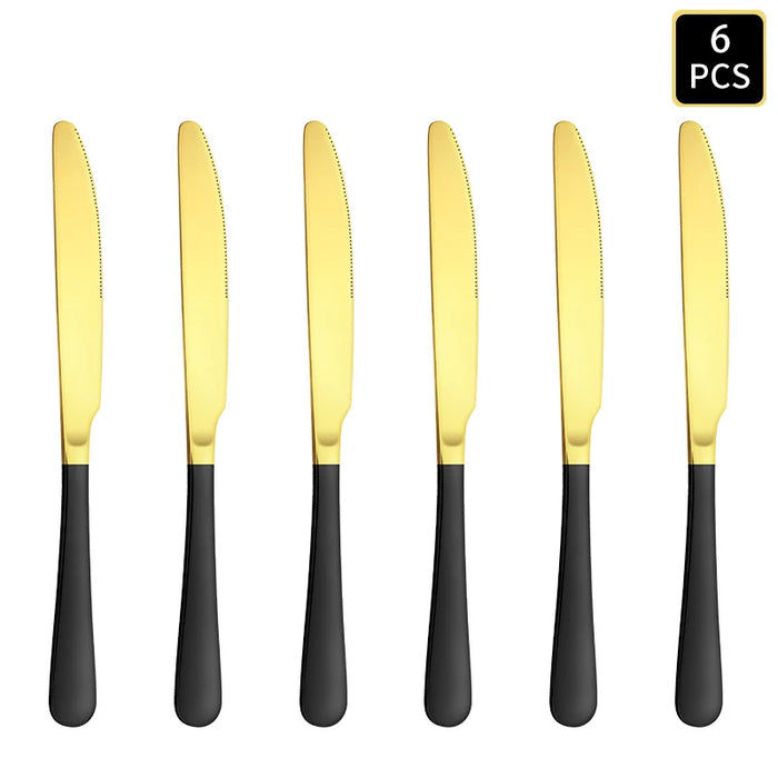 4 / 6 / 16 / 24 Piece Gold & Black Stainless Steel Cutlery Set Round Handle