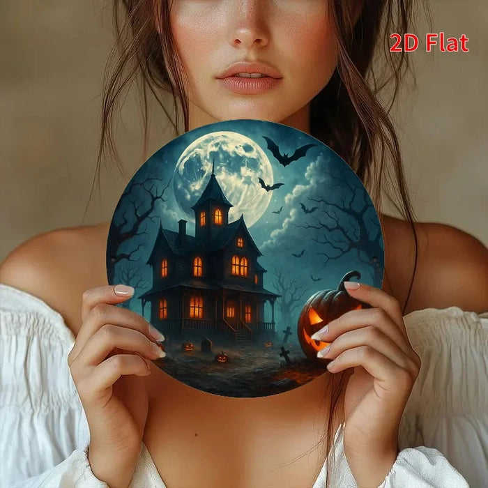 Vintage Round Iron Sign Haunted House & Pumpkin Lanterns