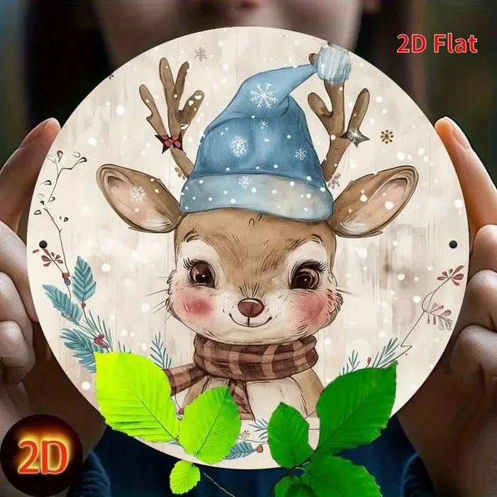 Round Holiday Metal Sign With Cute Deer Design 7.8X7.8 Inches