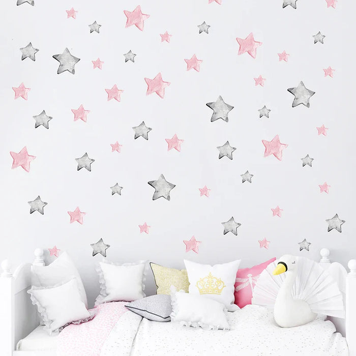 56 Watercolour Pink Grey Stars Wall Stickers For Kids Room Decor