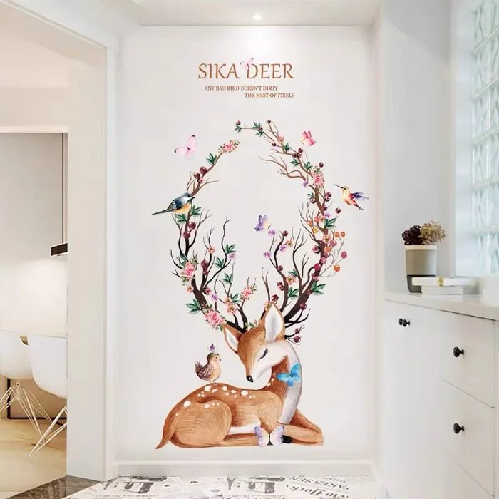 Watercolour Sika Deer Flower Birds Wall Stickers 54X99Cm Living Room & Kids Bedroom Decor