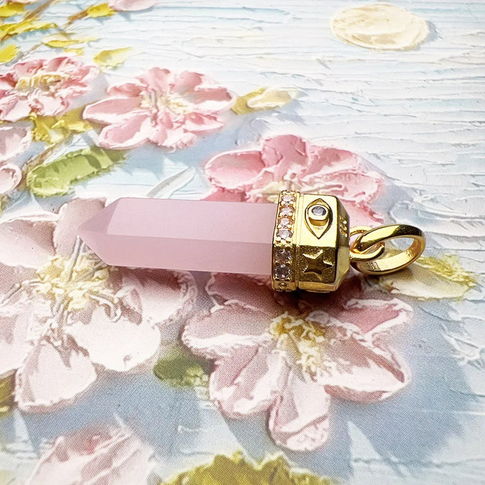 925 Sterling Silver Rose Quartz Hexagonal Pendant & Gold Plated Romantic Gift For Her