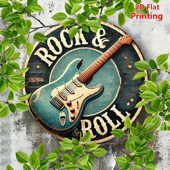 Vintage Style 8X8 Inch Round Aluminum Guitar Wall Art