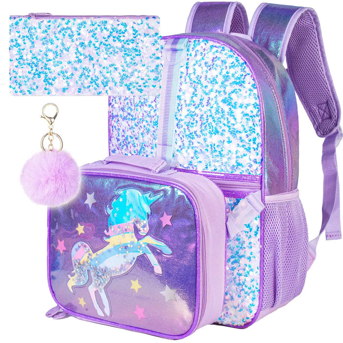 3 Piece Unicorn Backpack Set 16 Sequin Bookbag Lunch Box For Girls