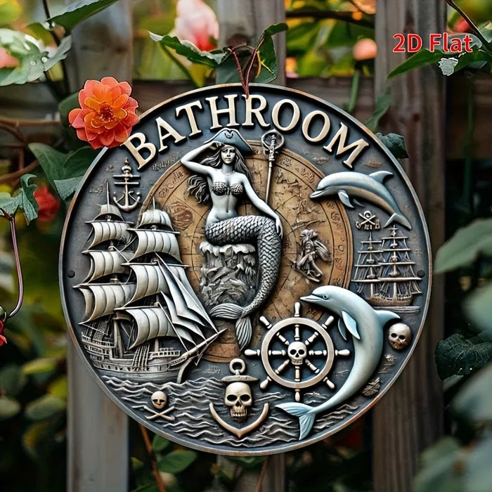 Vintage Mermaid Pirate Bathroom Sign Round Aluminum Wall Art