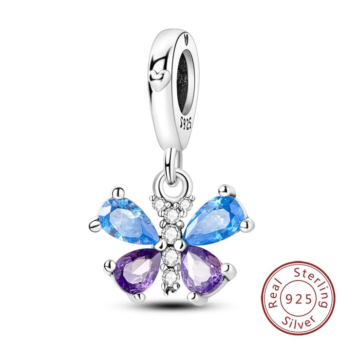 925 Sterling Silver Blue Purple Zircon Butterfly Pendant Charm For Women Bracelet