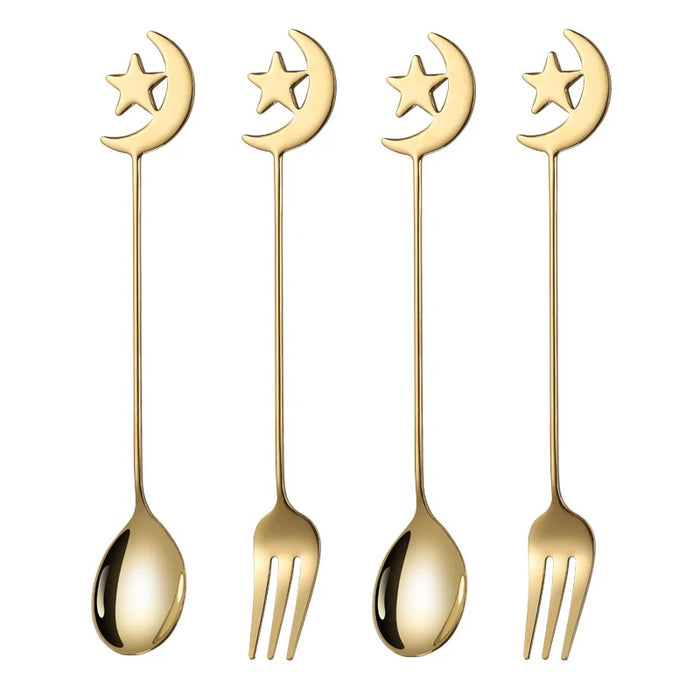 4 / 8 Piece Stainless Steel Star Moon Spoon & Fork Set For Coffee & Dessert