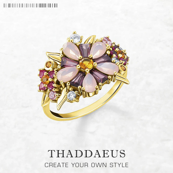 925 Sterling Silver Boho Colourful Flowers Ring For Women