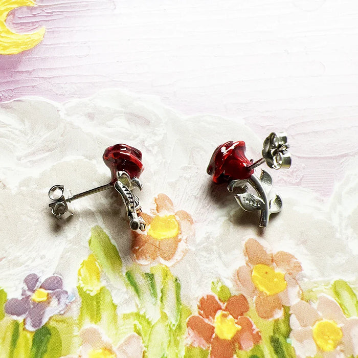 925 Sterling Silver Real Red Rose Stud Earrings For Women