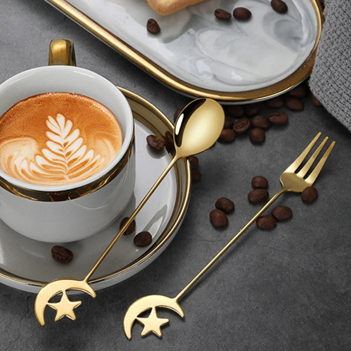 4 / 8 Piece Stainless Steel Star Moon Spoon & Fork Set For Coffee & Dessert