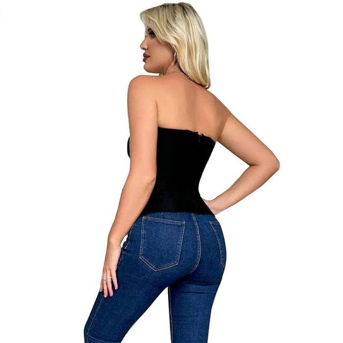 Adjustable Fish Bone Support Corset Top Black Mesh Fabric Back Zip Hollow Out Design