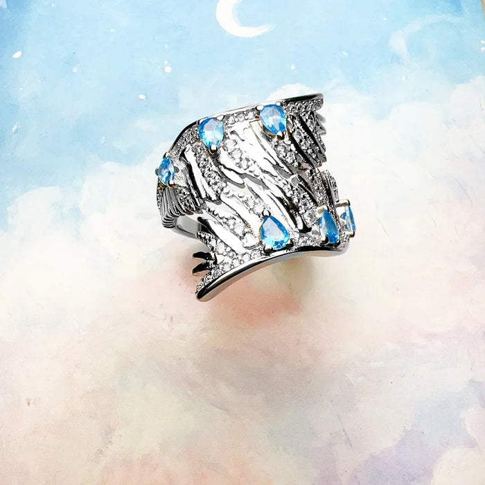 925 Sterling Silver Boho Phoenix Wing Ring With Blue Stones For Women