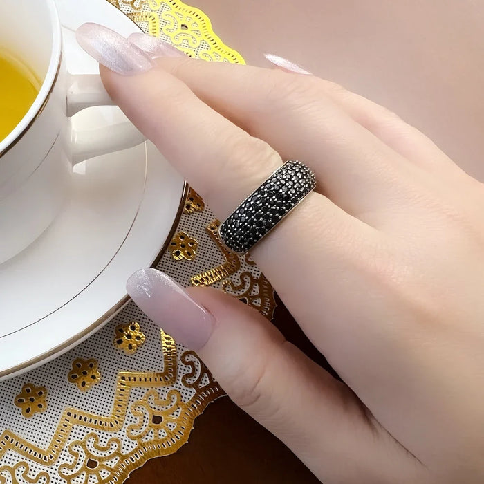 925 Sterling Silver Black Pave Band Ring Classic Europe Style Fine Jewelry For Men & Women