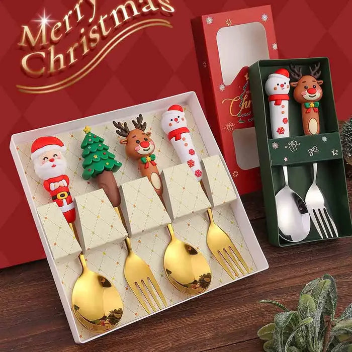 4 Piece Christmas Cutlery Set Stainless Steel Spoon & Fork With Cartoon Doll Design