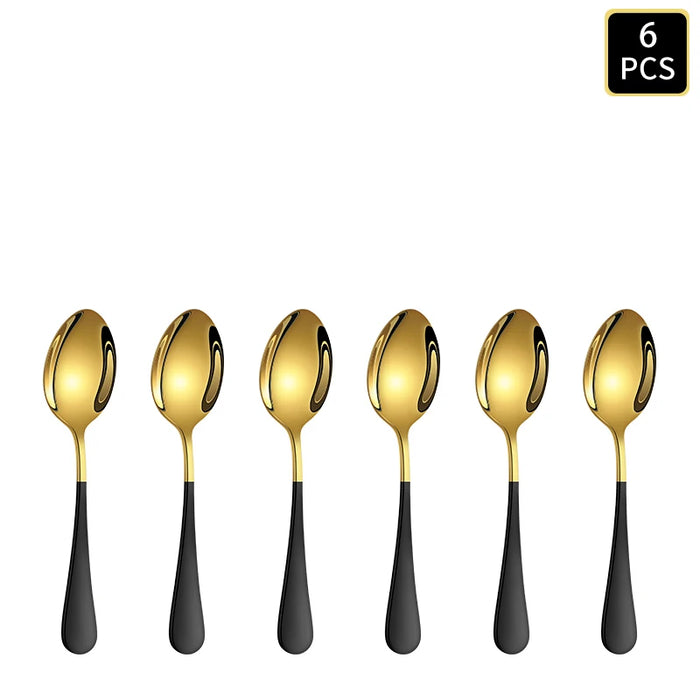4 / 6 / 16 / 24 Piece Gold & Black Stainless Steel Cutlery Set Round Handle