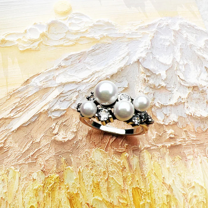 925 Sterling Silver White Stone & Freshwater Pearl Ring Europe Style For Women