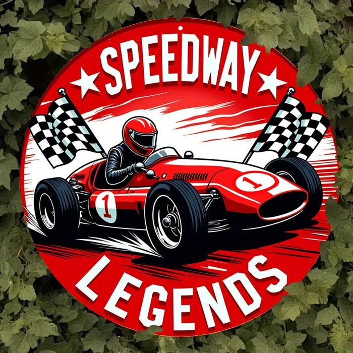 Vintage Race Track Sign Metal Art With Checkered Flag And Helmet Motif