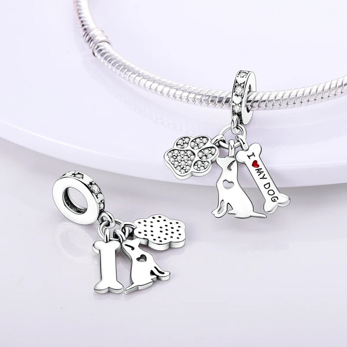 925 Sterling Silver Animal Charms Dog Cat Pet Beads For Bracelet Or Necklace